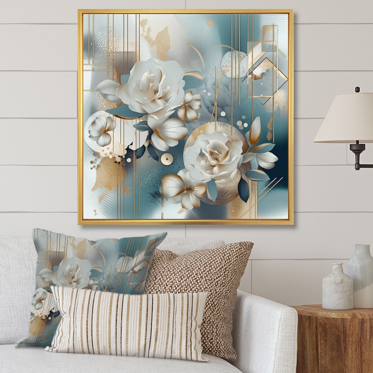 Designart "Golden Blue Marble Floral Design Iv" Floral Framed Wall Art Prints