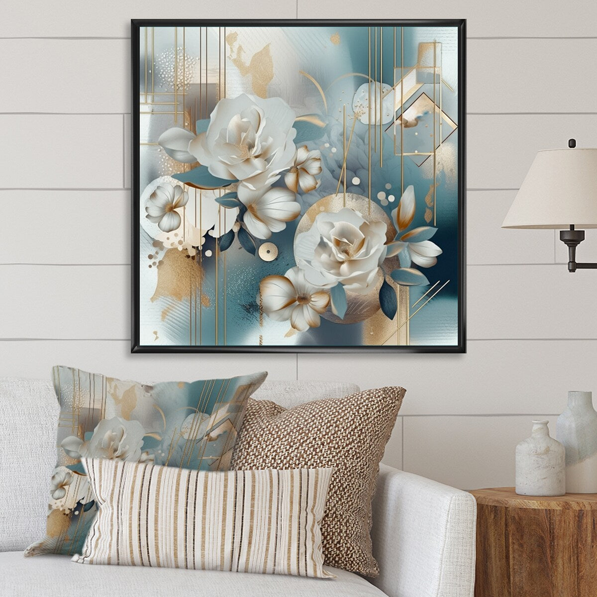 Designart "Golden Blue Marble Floral Design Iv" Floral Framed Wall Art Prints