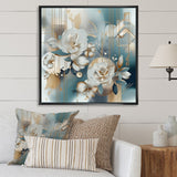 Designart "Golden Blue Marble Floral Design Iv" Floral Framed Wall Art Prints