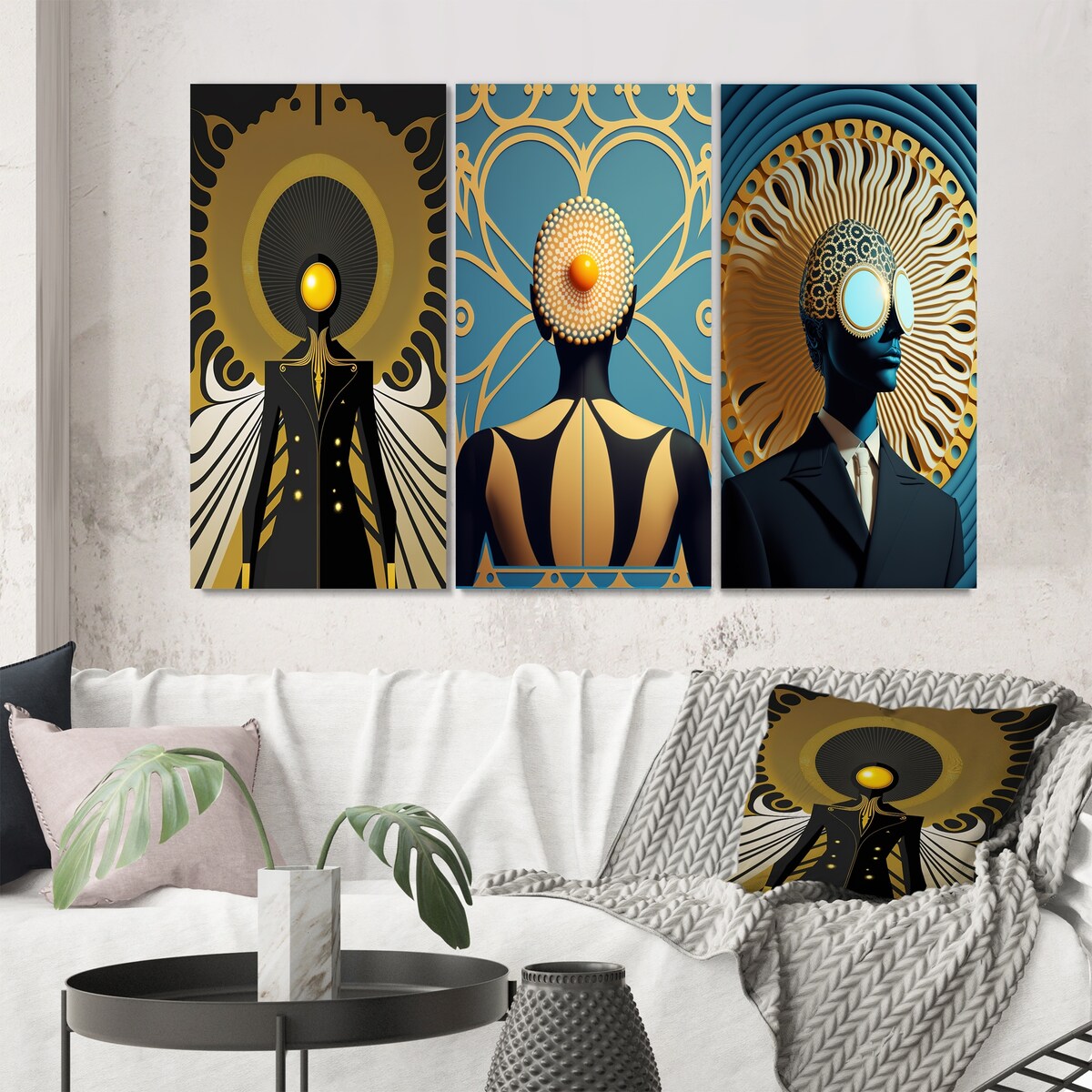 Designart "Golden Consciousness Man I" Modern Abstract Wall Art Set Of 3 - Traditional Canvas Set For Living Room Decor