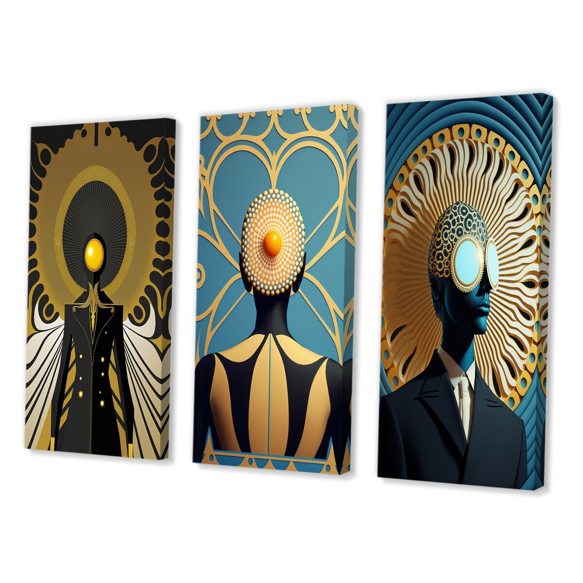 Designart "Golden Consciousness Man I" Modern Abstract Wall Art Set Of 3 - Traditional Canvas Set For Living Room Decor