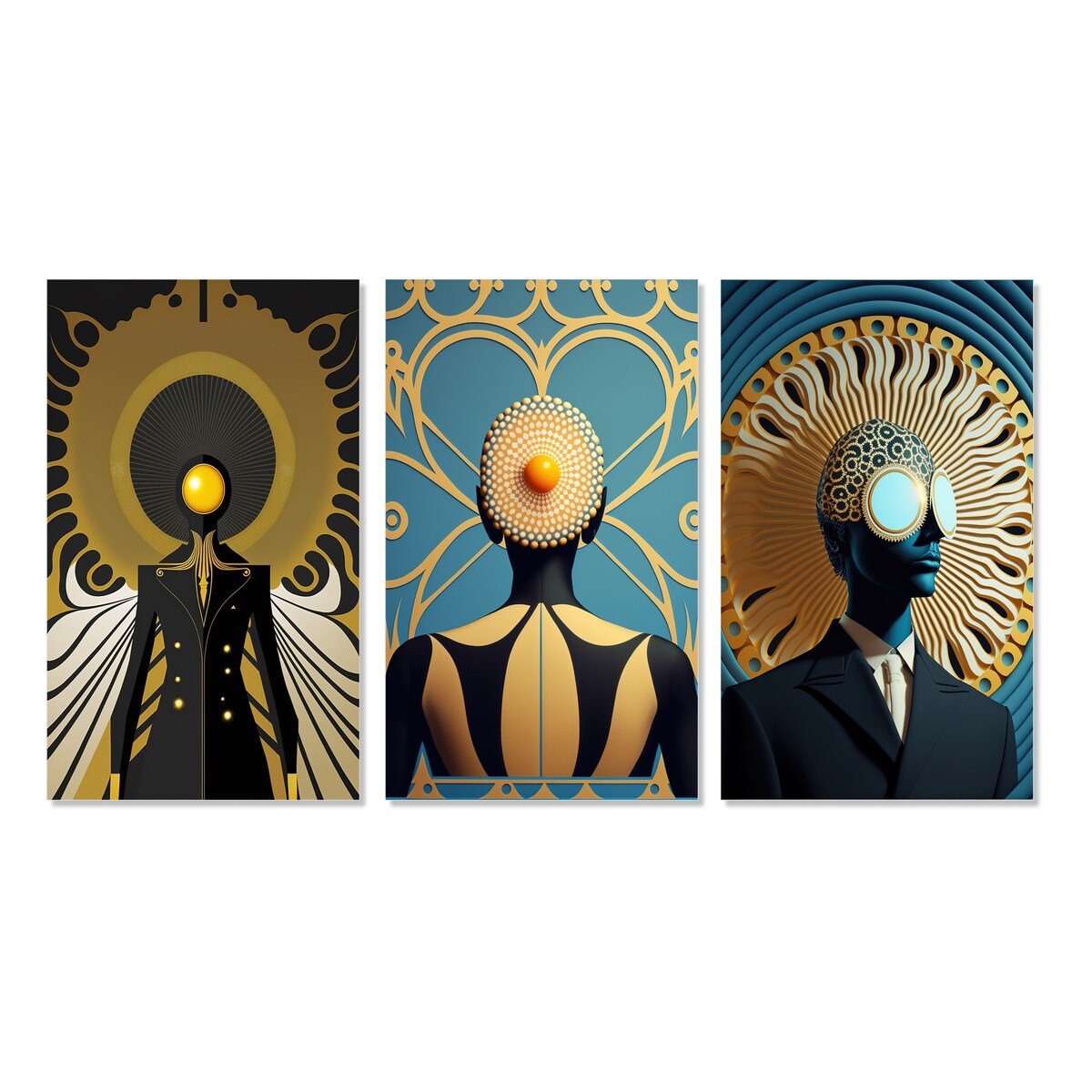 Designart "Golden Consciousness Man I" Modern Abstract Wall Art Set Of 3 - Traditional Canvas Set For Living Room Decor