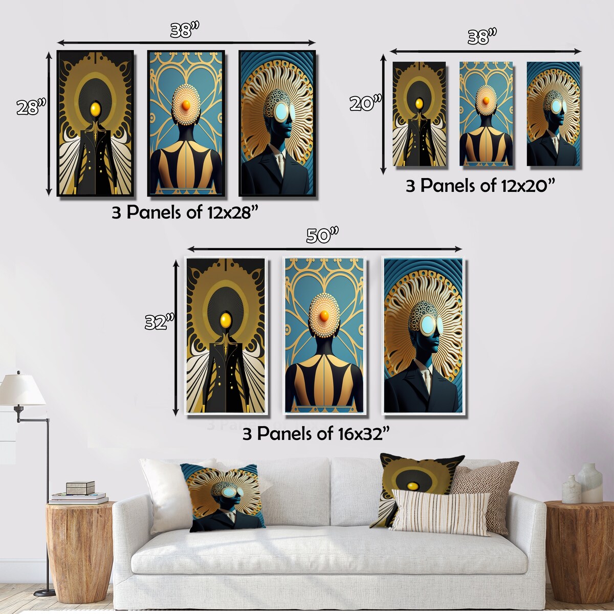 Designart "Golden Consciousness Man I" Modern Abstract Wall Art Set Of 3 - Traditional Canvas Set For Living Room Decor