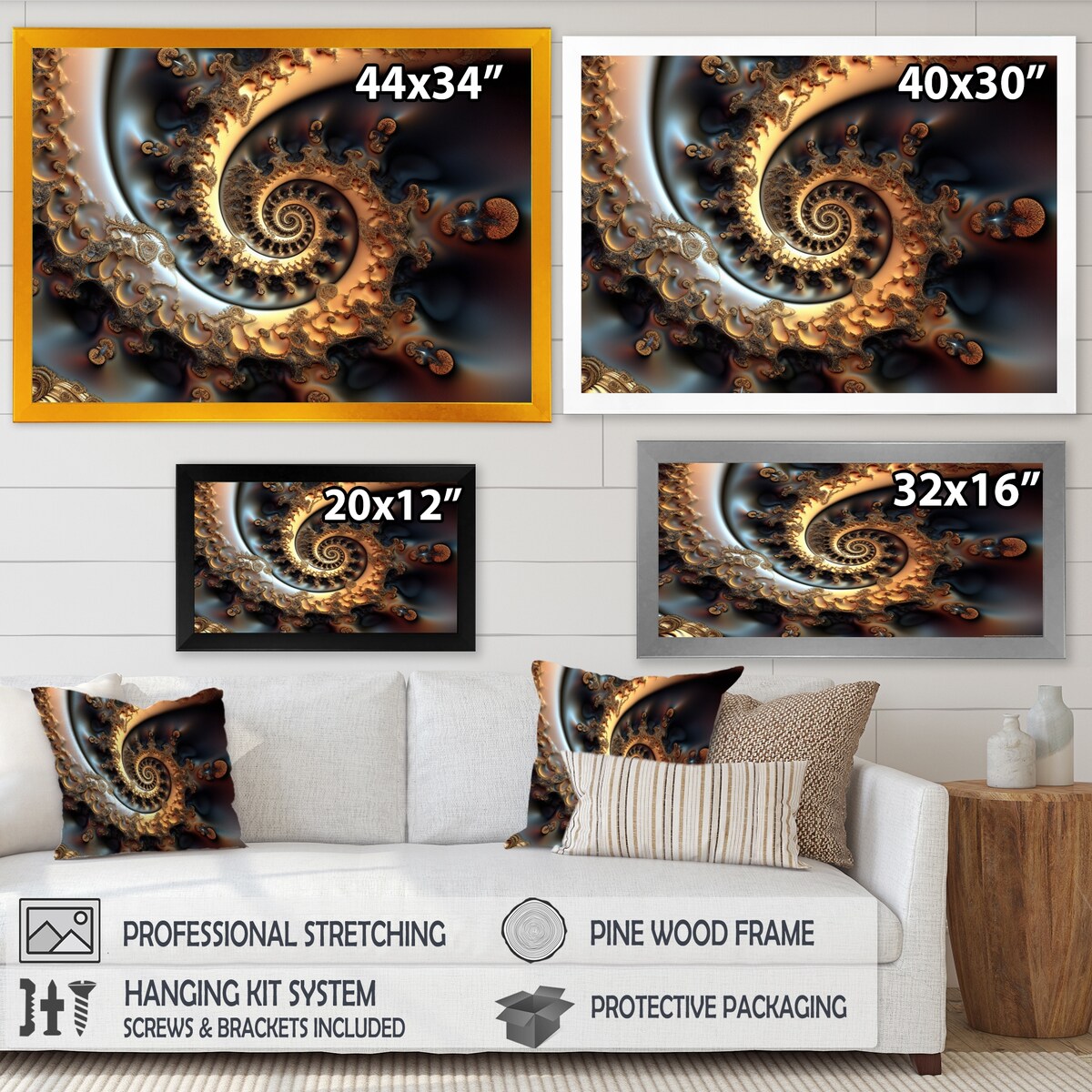 Designart "Golden Fractal Bliss VII" Modern Geometric Framed Art Print