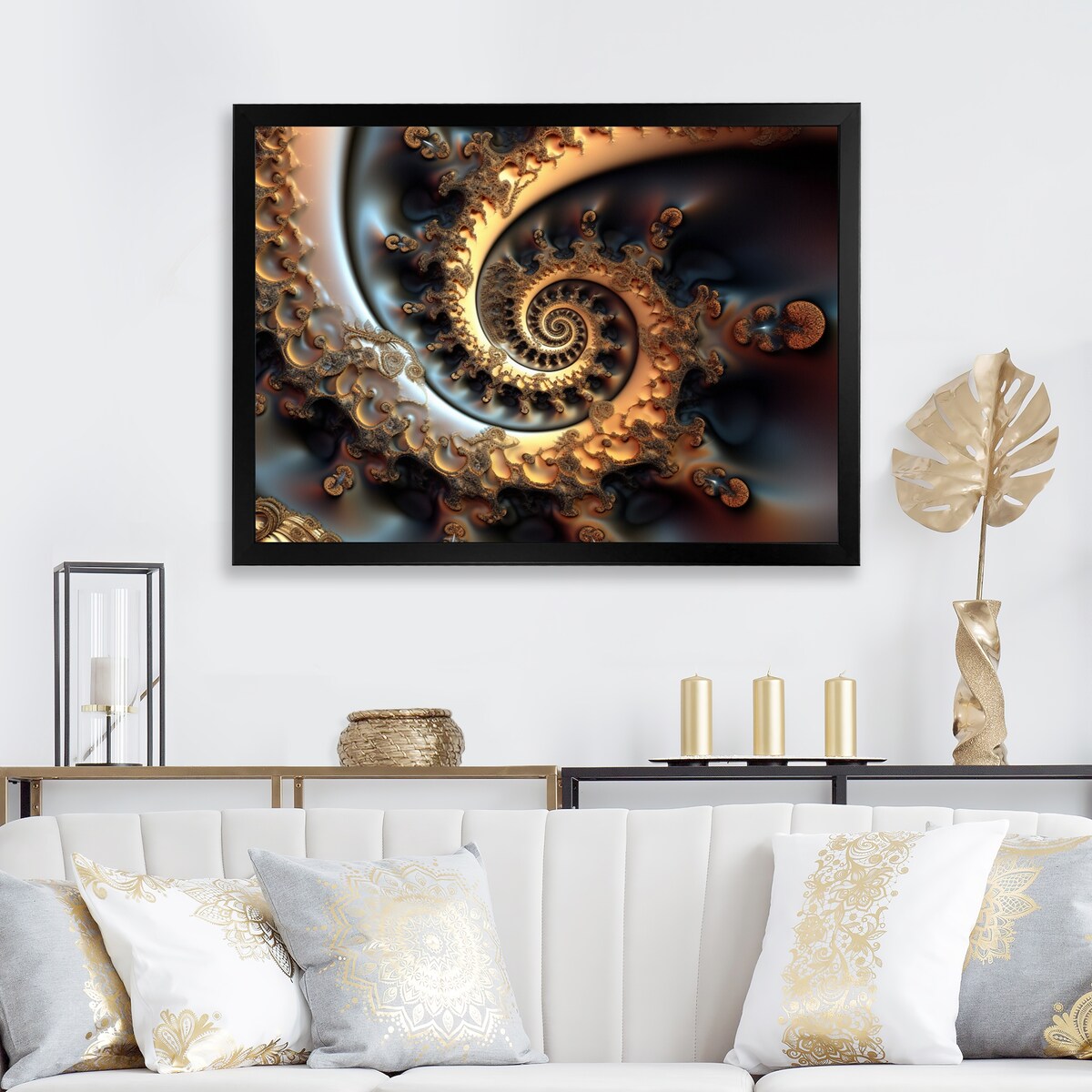 Designart "Golden Fractal Bliss VII" Modern Geometric Framed Art Print