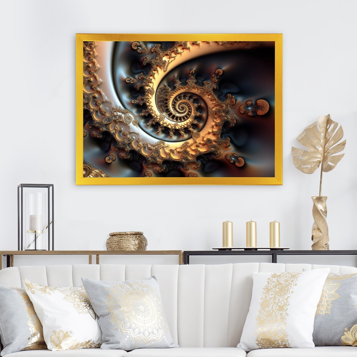 Designart "Golden Fractal Bliss VII" Modern Geometric Framed Art Print