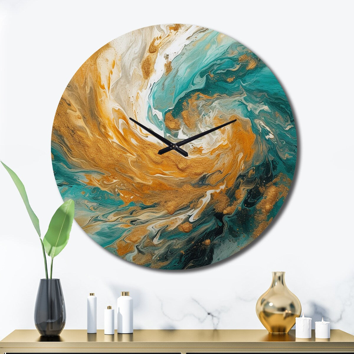 Designart "Golden Ocean Spiral Waves Painting I" Abstract Spirals Oversized Wall Clock