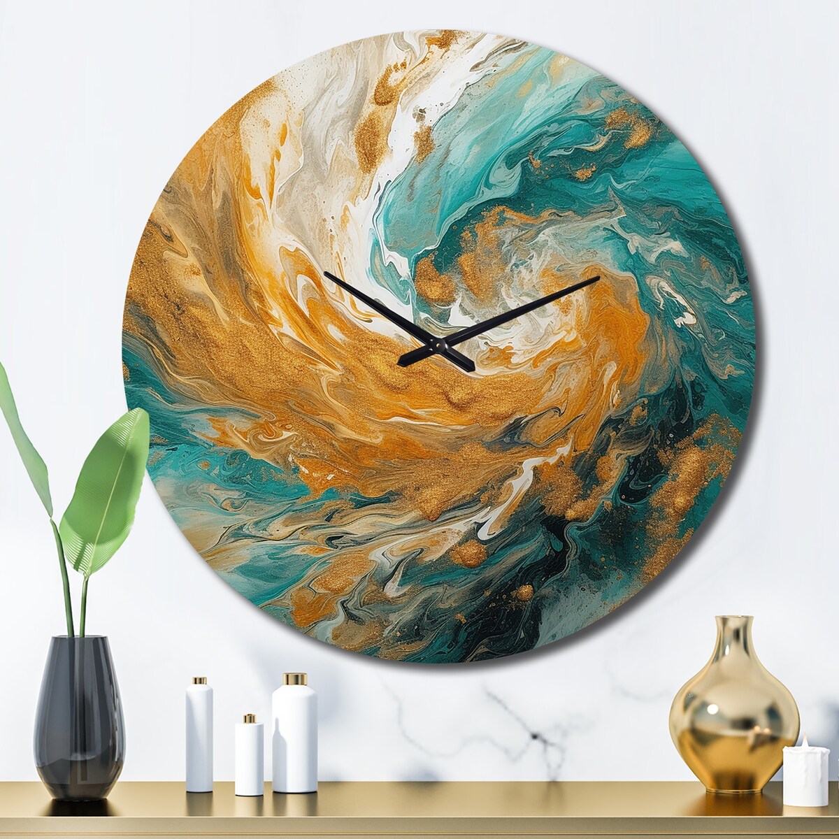 Designart "Golden Ocean Spiral Waves Painting I" Abstract Spirals Oversized Wall Clock