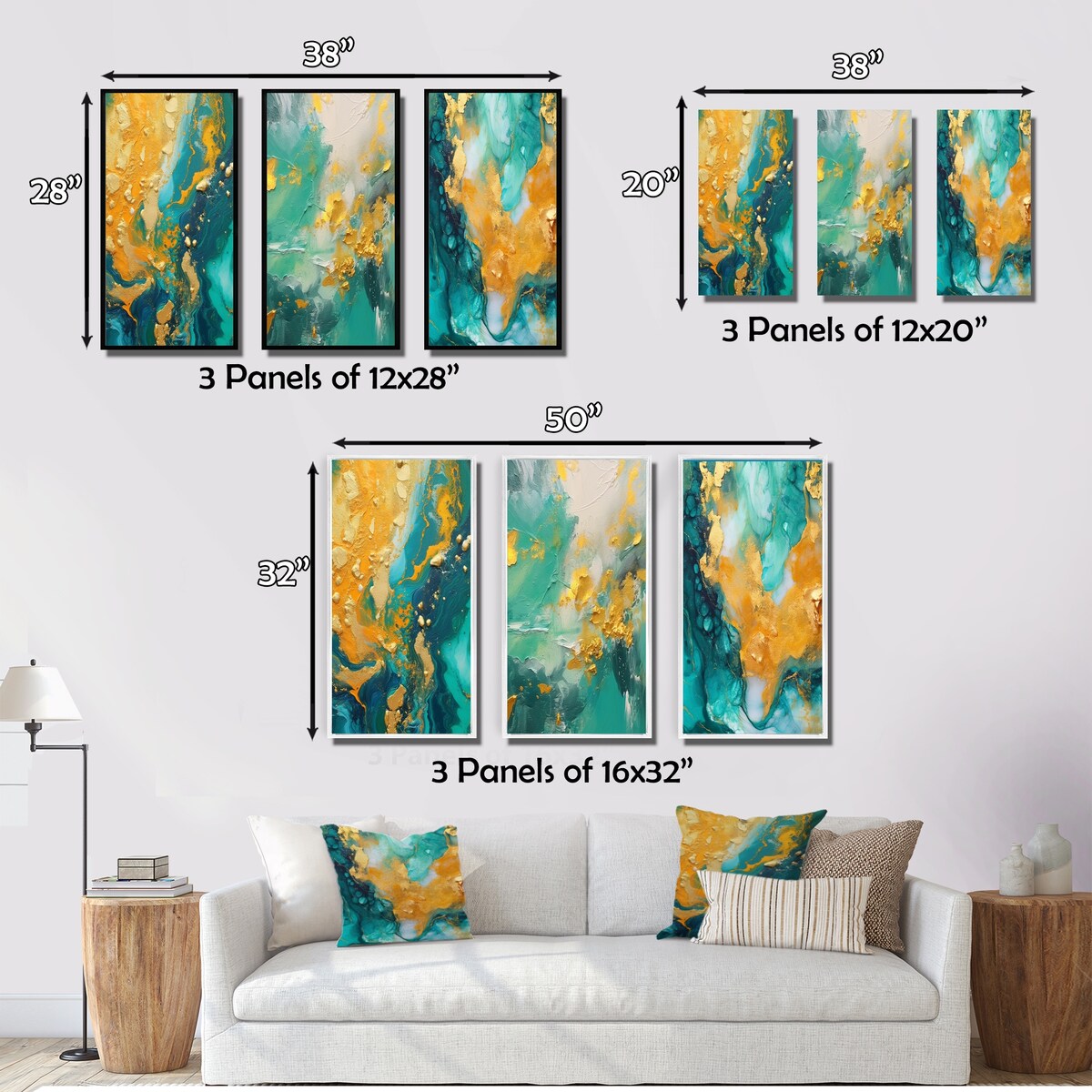 Designart "Golden Ocean Waves Turquoise Abstract V" Abstract Painting Gold - Gallery Set Of 3 For Office Decor