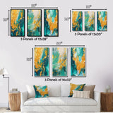 Designart "Golden Ocean Waves Turquoise Abstract V" Abstract Painting Gold - Gallery Set Of 3 For Office Decor