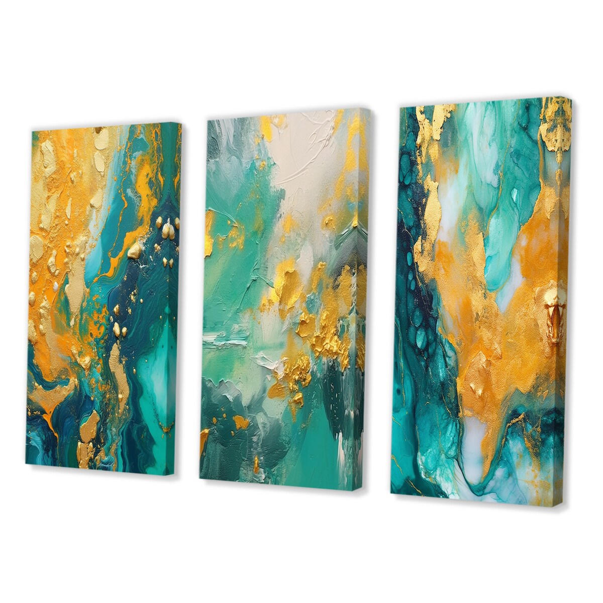 Designart "Golden Ocean Waves Turquoise Abstract V" Abstract Painting Gold - Gallery Set Of 3 For Office Decor