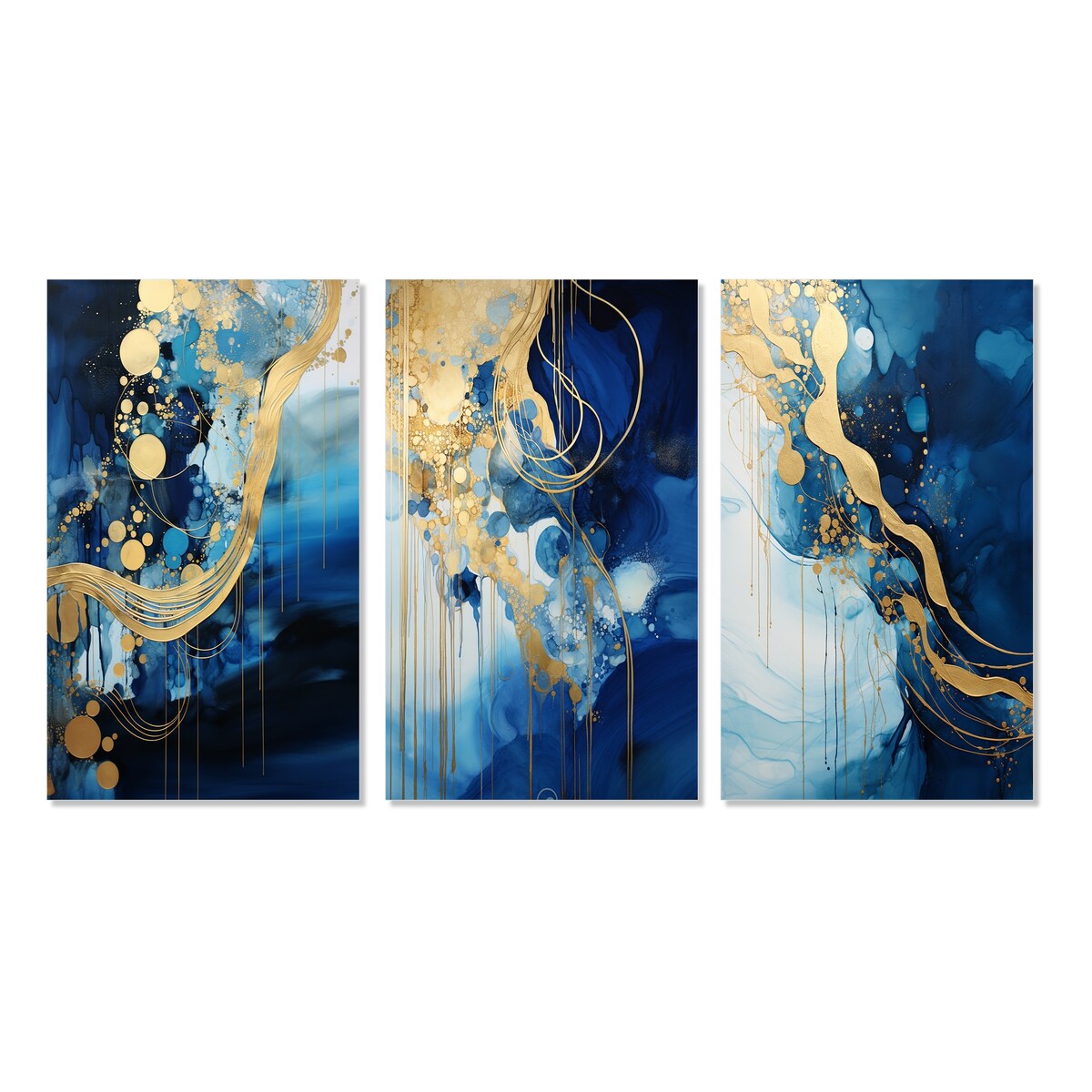 Designart "Golden Oceanic Wave Harmony V" Abstract Painting Wall Art Set Of 3 - Modern Gallery Set For Office Decor
