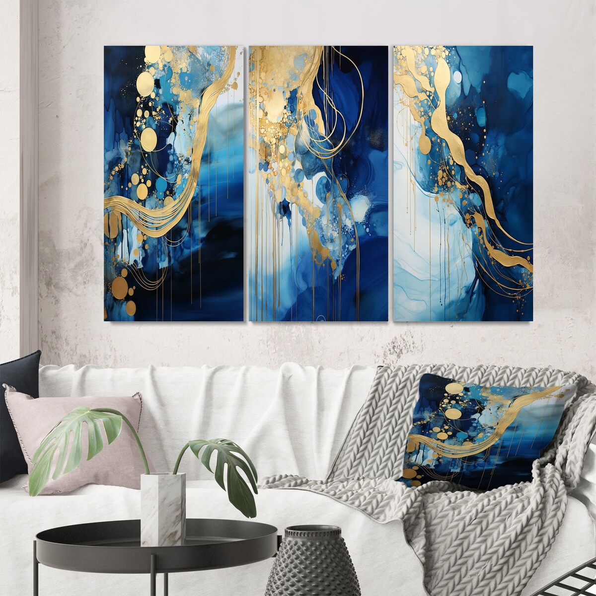 Designart "Golden Oceanic Wave Harmony V" Abstract Painting Wall Art Set Of 3 - Modern Gallery Set For Office Decor