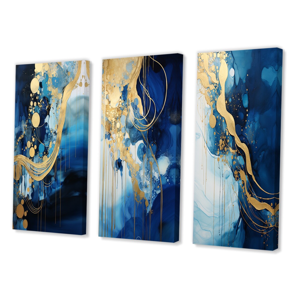 Designart "Golden Oceanic Wave Harmony V" Abstract Painting Wall Art Set Of 3 - Modern Gallery Set For Office Decor