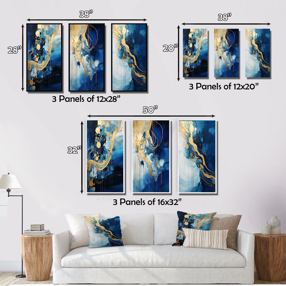 Designart "Golden Oceanic Wave Harmony V" Abstract Painting Wall Art Set Of 3 - Modern Gallery Set For Office Decor