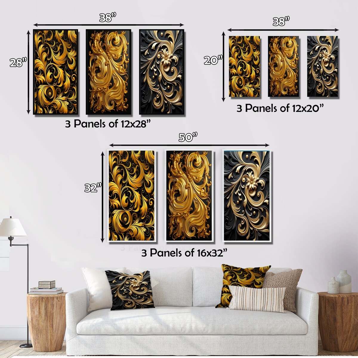 Designart "Golden Ornament Pattern On Black III" Abstract Spirals Gold - Printed Art Set Of 3 For Bedroom