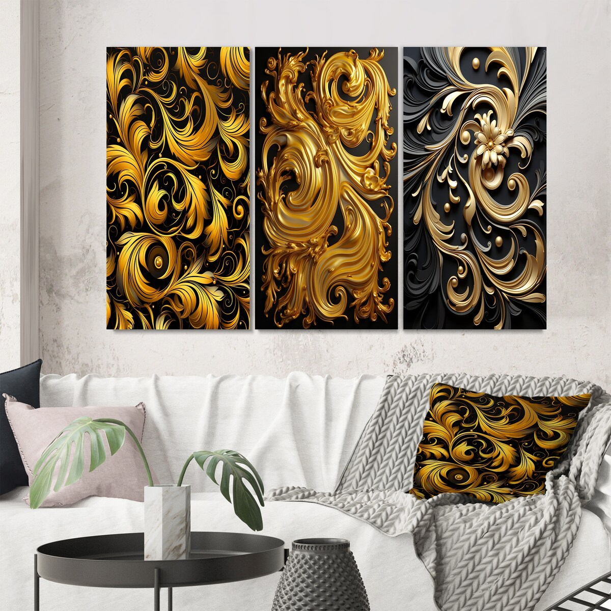 Designart "Golden Ornament Pattern On Black III" Abstract Spirals Gold - Printed Art Set Of 3 For Bedroom
