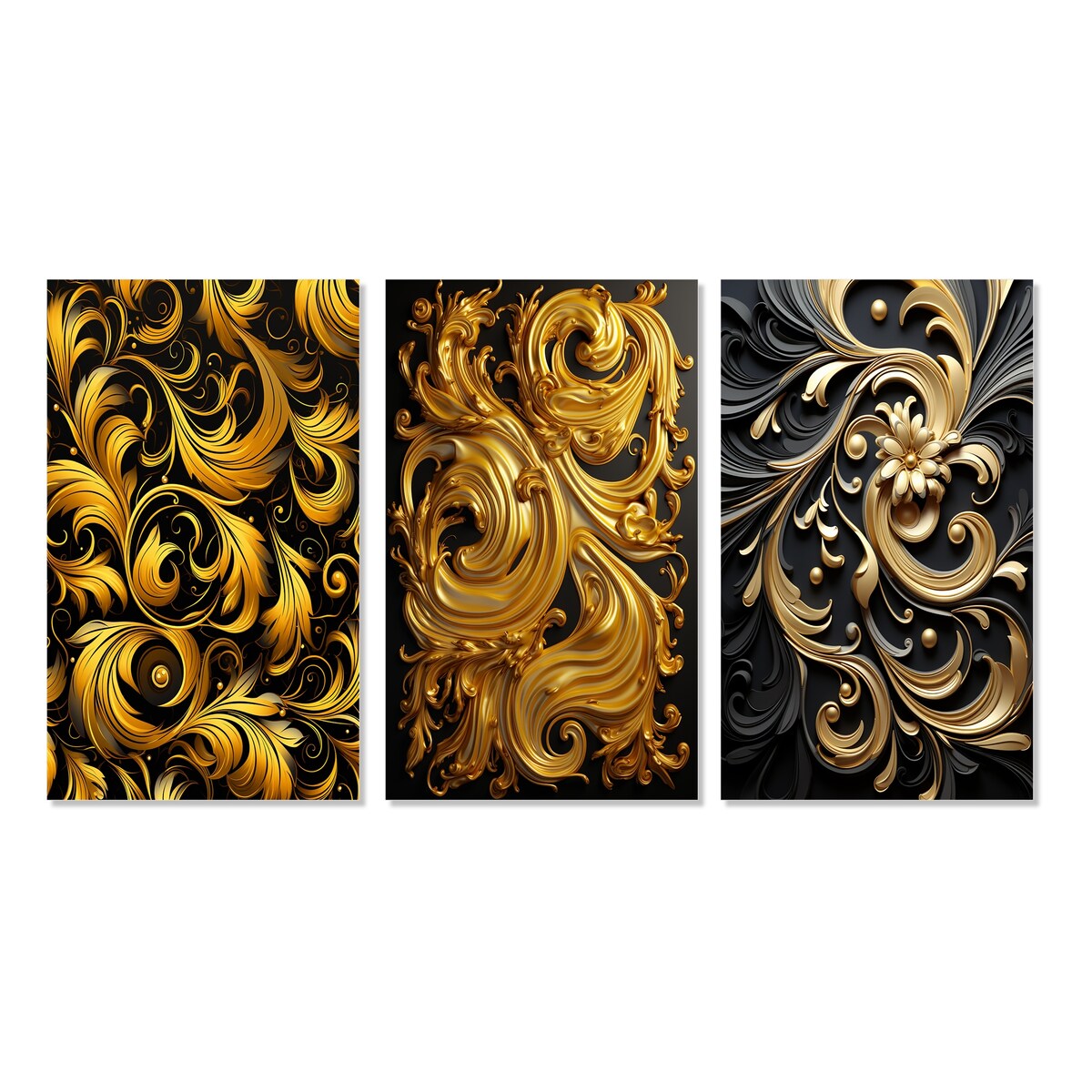 Designart "Golden Ornament Pattern On Black III" Abstract Spirals Gold - Printed Art Set Of 3 For Bedroom