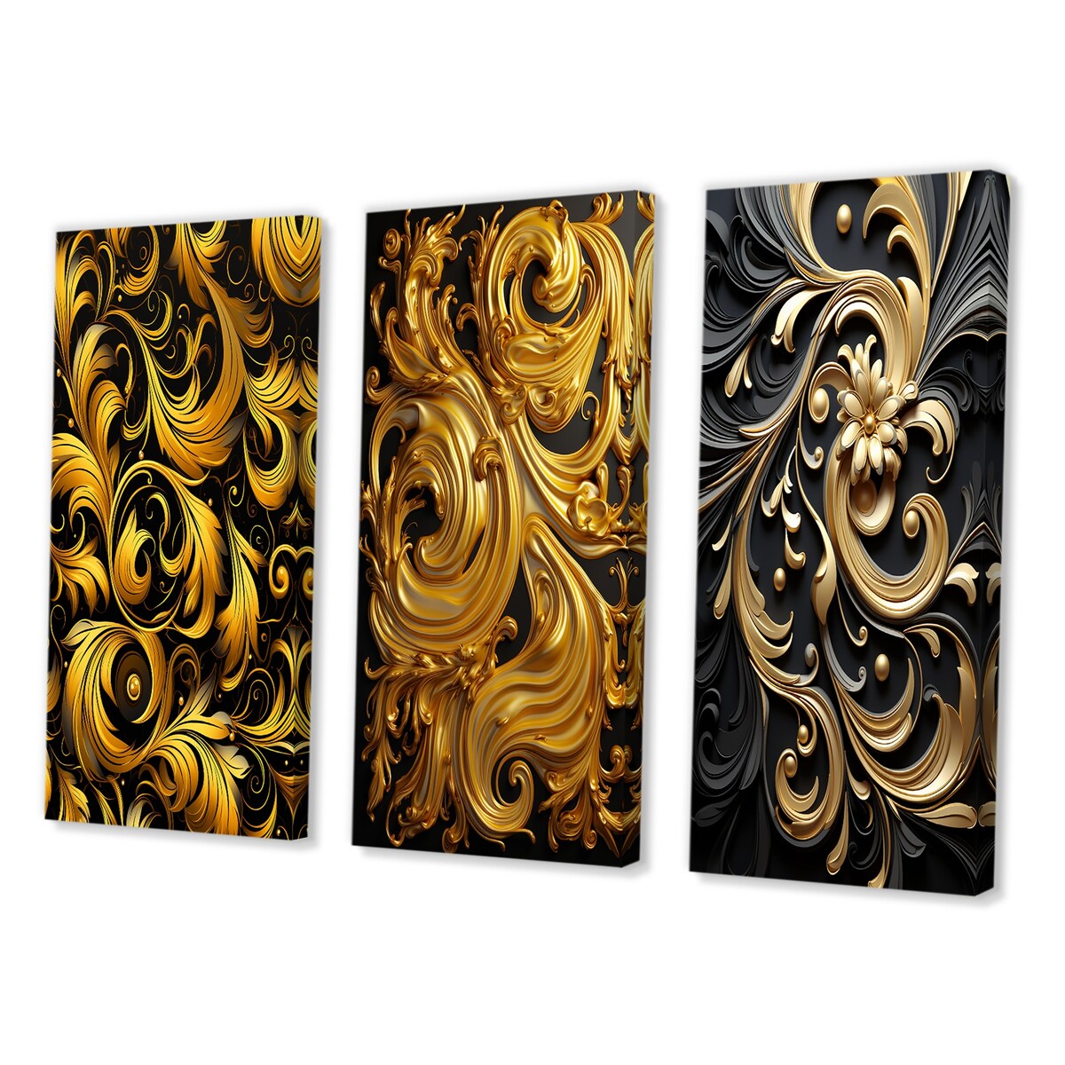 Designart "Golden Ornament Pattern On Black III" Abstract Spirals Gold - Printed Art Set Of 3 For Bedroom