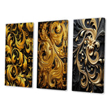 Designart "Golden Ornament Pattern On Black III" Abstract Spirals Gold - Printed Art Set Of 3 For Bedroom