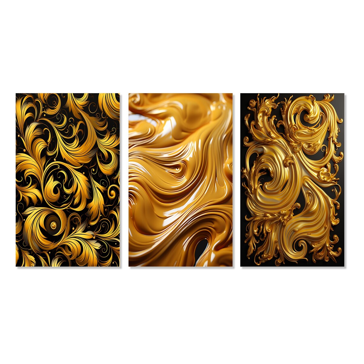 Designart "Golden Ornament Pattern On Black V" Abstract Spirals Gold - Gallery Wall Set Of 3 For Home Decor