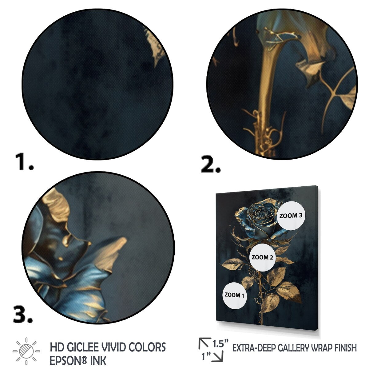Designart "Golden Rose In Vintage Blue IV" Floral Rose Canvas Art Print - 3 Panels