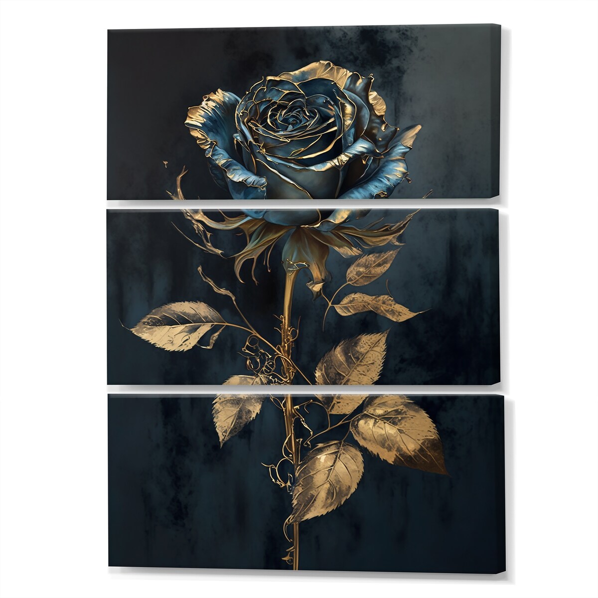 Designart "Golden Rose In Vintage Blue IV" Floral Rose Canvas Art Print - 3 Panels