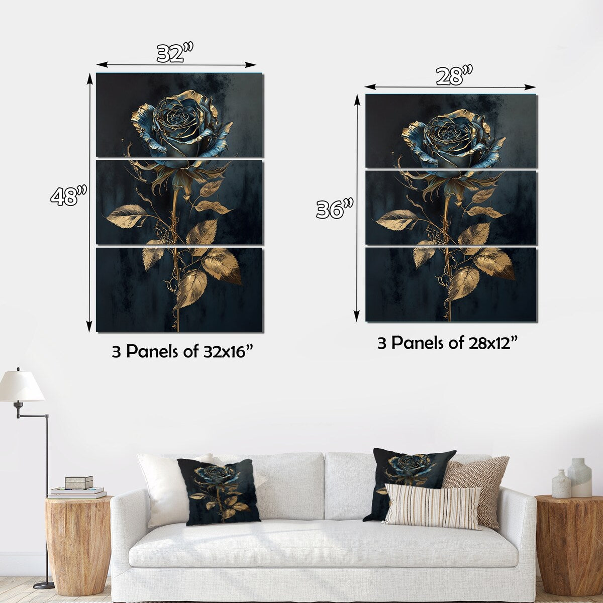 Designart "Golden Rose In Vintage Blue IV" Floral Rose Canvas Art Print - 3 Panels