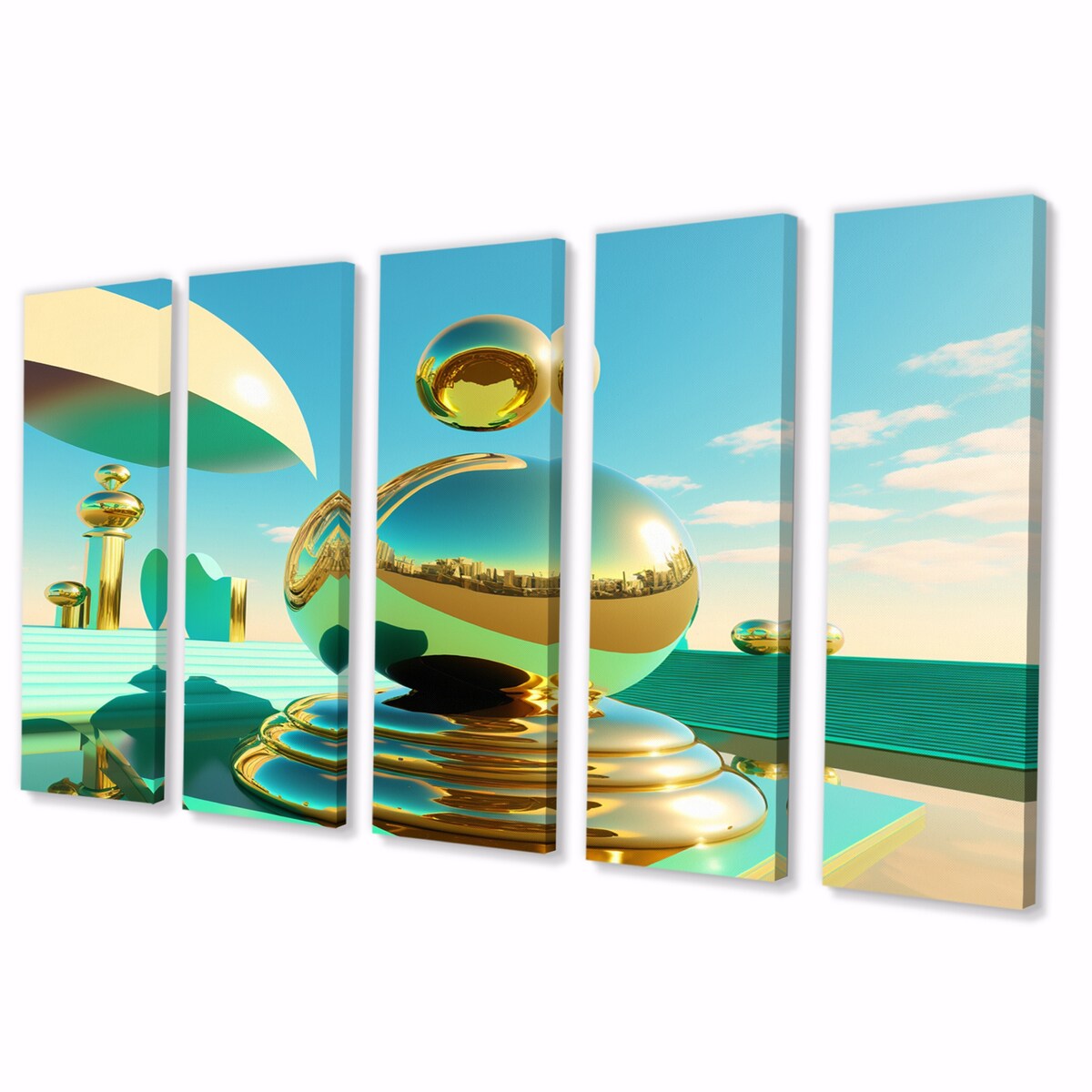 Designart "Golden Spheres Infinity II" City Multipanel Wall Art Prints