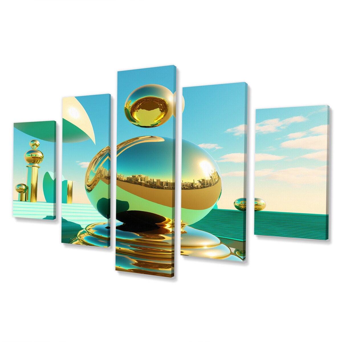 Designart "Golden Spheres Infinity II" City Multipanel Wall Art Prints