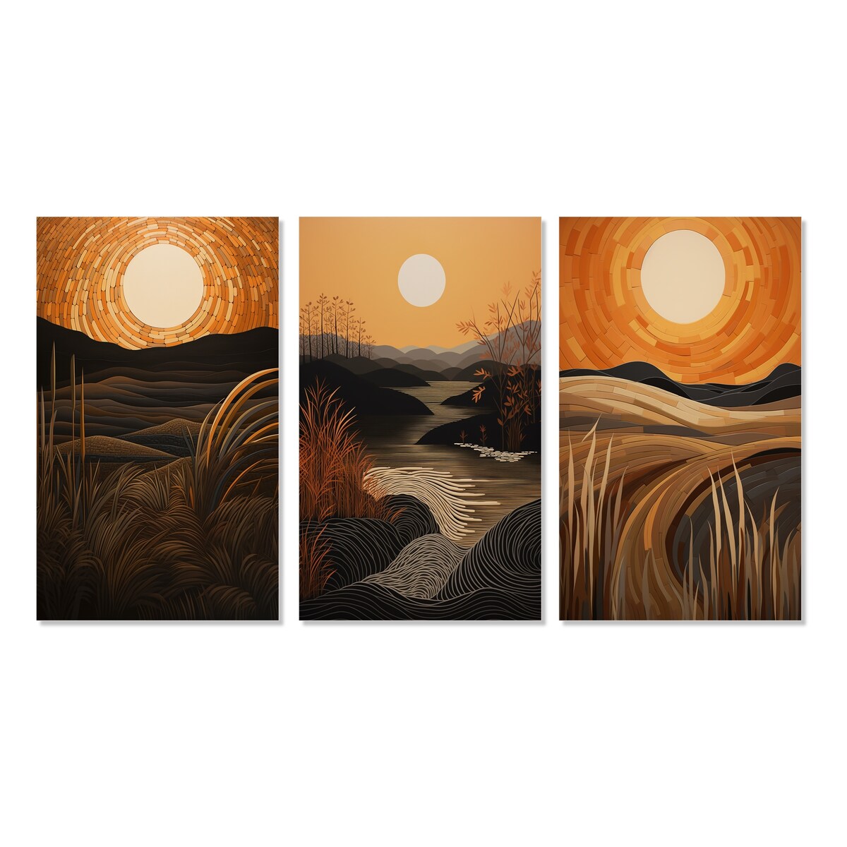 Designart "Golden Sunset In The Retro Mountain Meadows III" Meadow Orange - Printed Art Set Of 3 For Bedroom