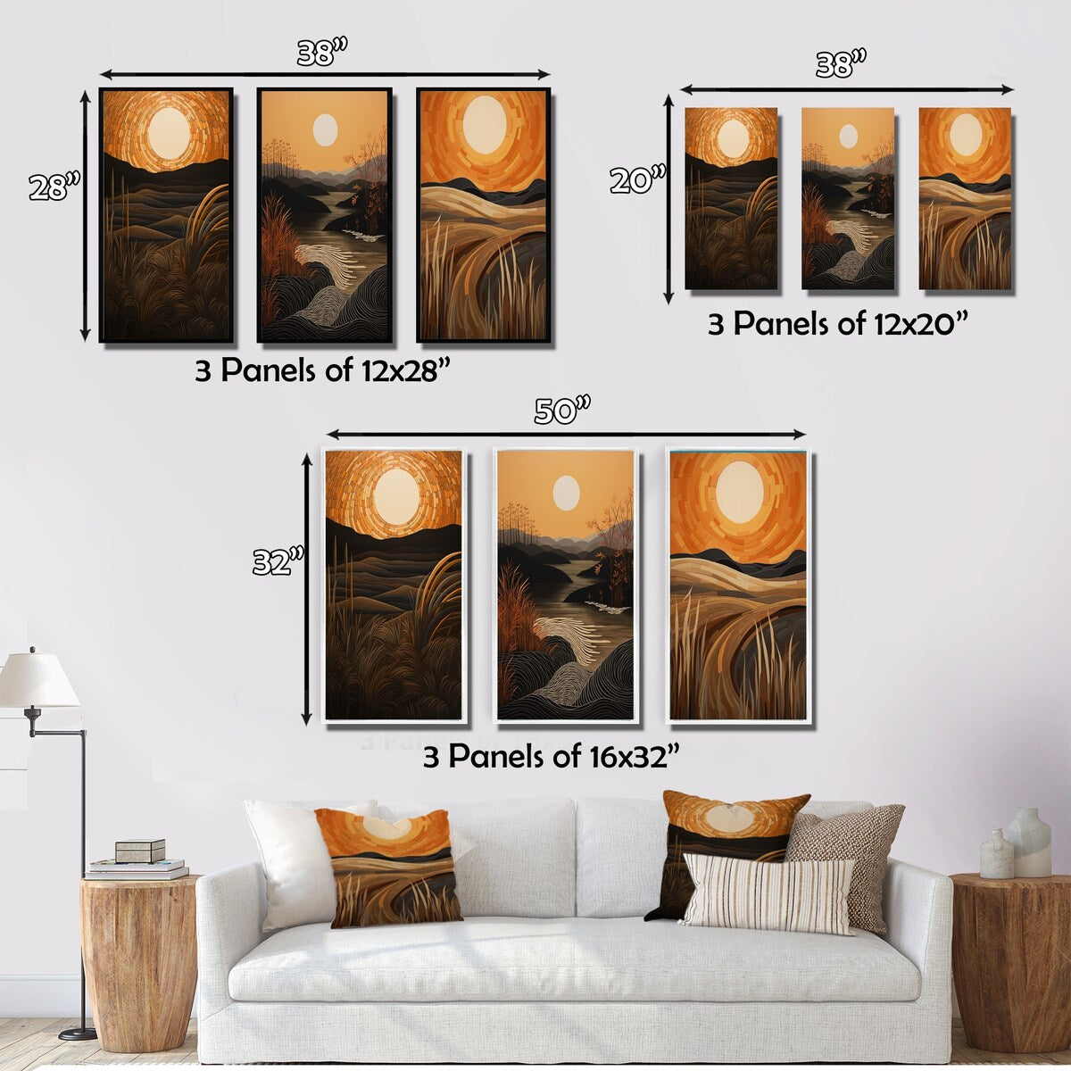 Designart "Golden Sunset In The Retro Mountain Meadows III" Meadow Orange - Printed Art Set Of 3 For Bedroom