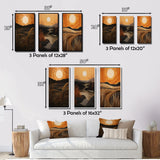 Designart "Golden Sunset In The Retro Mountain Meadows III" Meadow Orange - Printed Art Set Of 3 For Bedroom