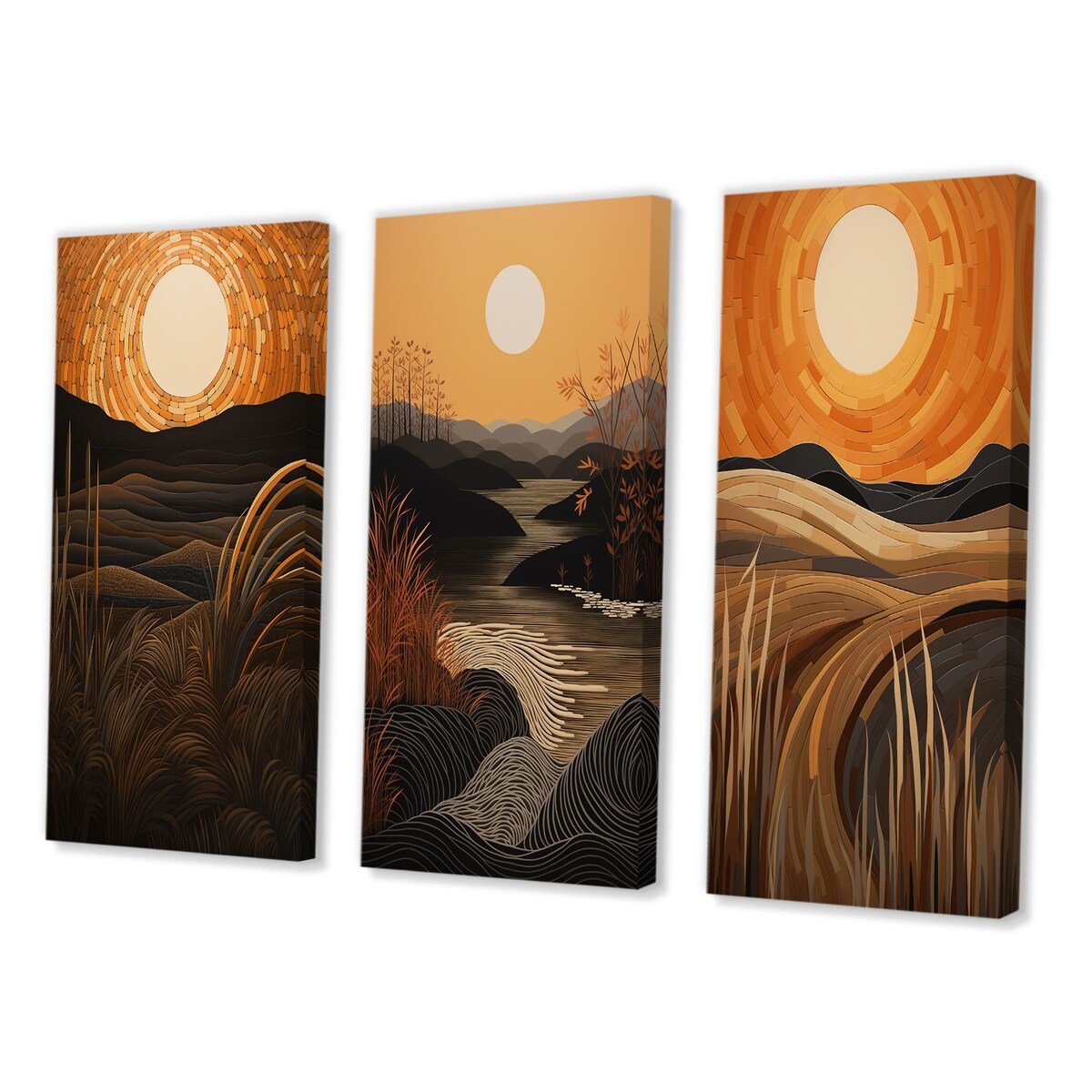 Designart "Golden Sunset In The Retro Mountain Meadows III" Meadow Orange - Printed Art Set Of 3 For Bedroom