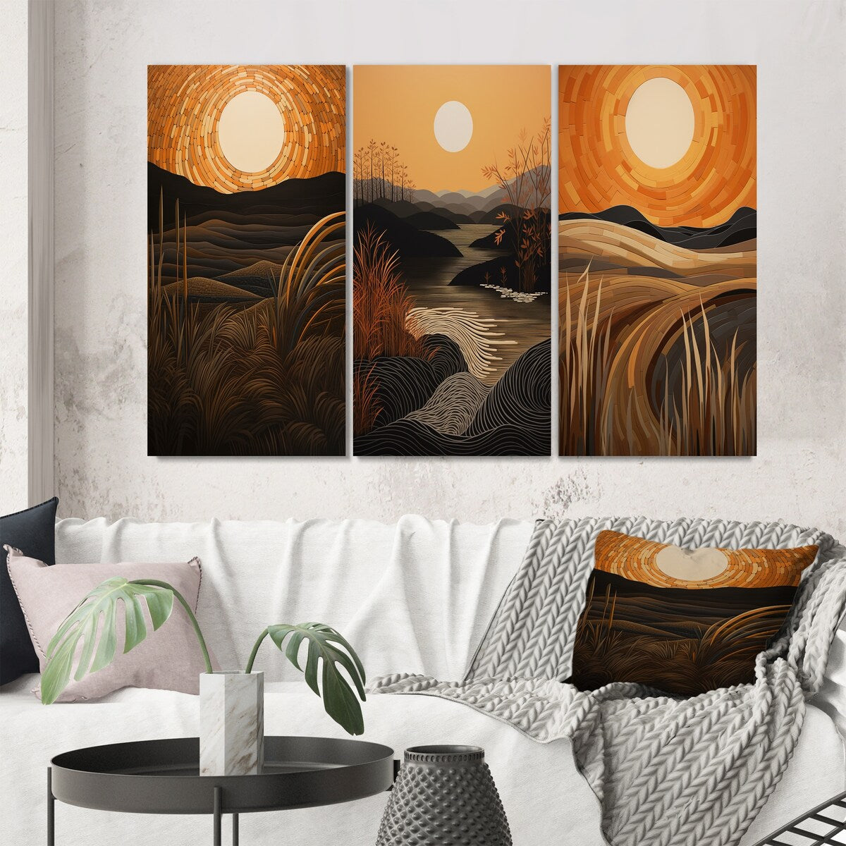 Designart "Golden Sunset In The Retro Mountain Meadows III" Meadow Orange - Printed Art Set Of 3 For Bedroom