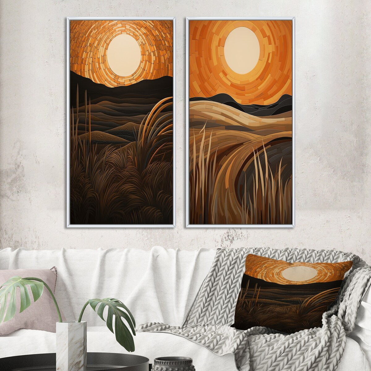 Designart "Golden Sunset In The Retro Mountain Meadows III" Meadow Wall Art Décor Gallery Set For Office Decor