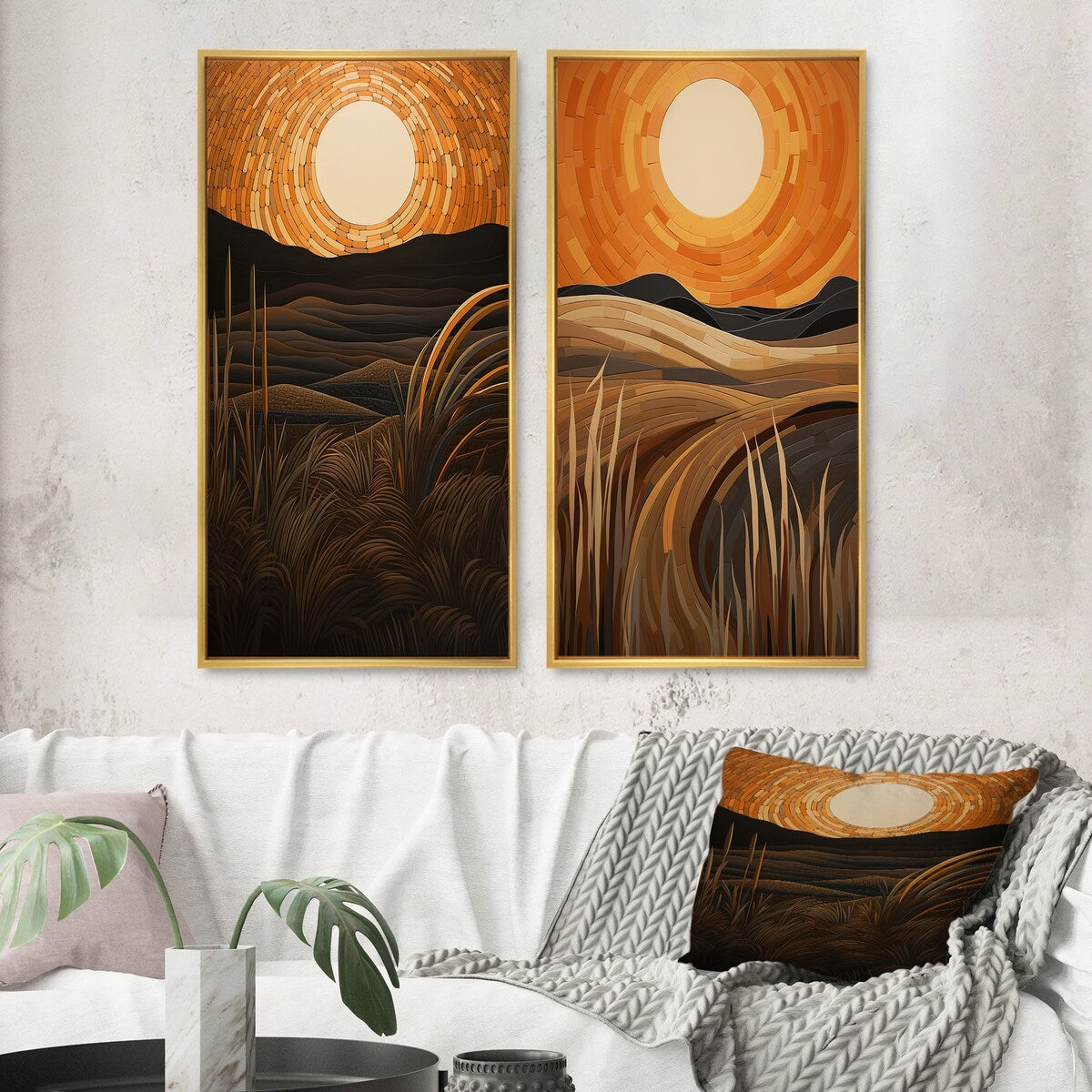 Designart "Golden Sunset In The Retro Mountain Meadows III" Meadow Wall Art Décor Gallery Set For Office Decor