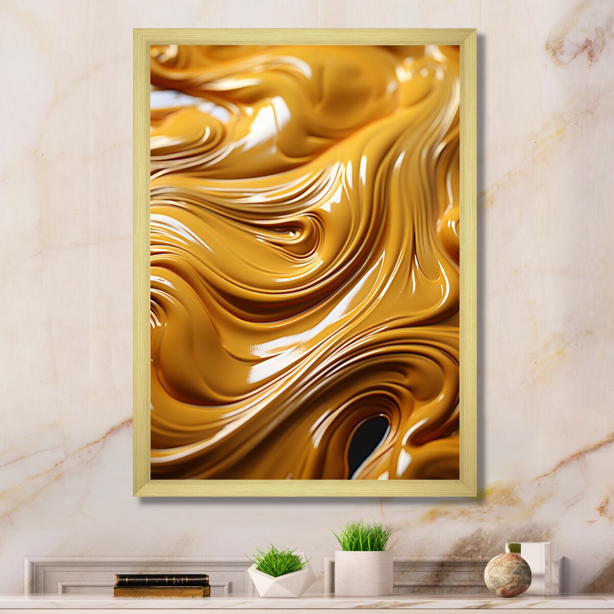 Designart "Golden Wave Ocean Of Abundance Liquid Gold" Abstract Spirals Framed Wall Art Prints
