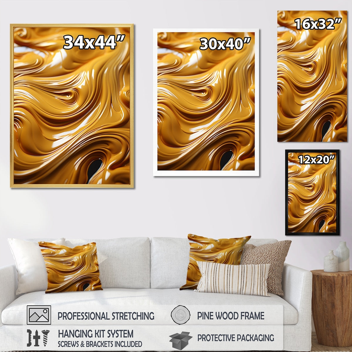 Designart "Golden Wave Ocean Of Abundance Liquid Gold" Abstract Spirals Framed Wall Art Prints