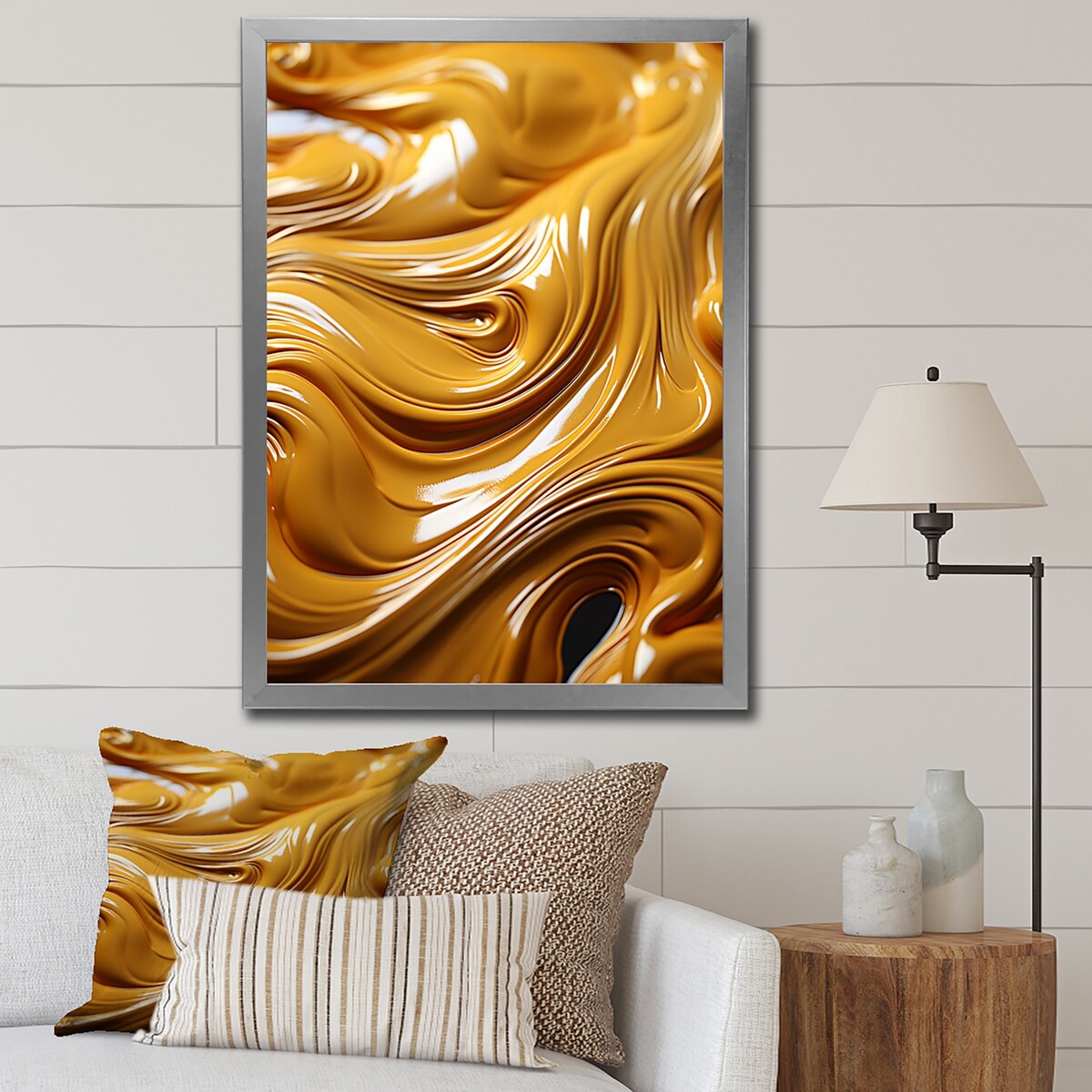 Designart "Golden Wave Ocean Of Abundance Liquid Gold" Abstract Spirals Framed Wall Art Prints