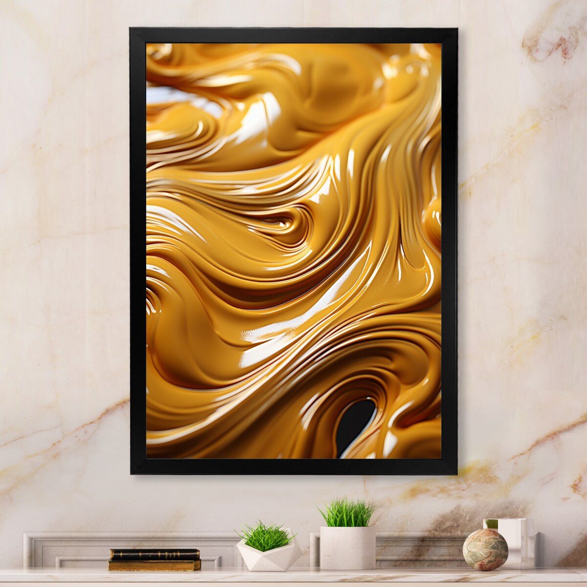 Designart "Golden Wave Ocean Of Abundance Liquid Gold" Abstract Spirals Framed Wall Art Prints