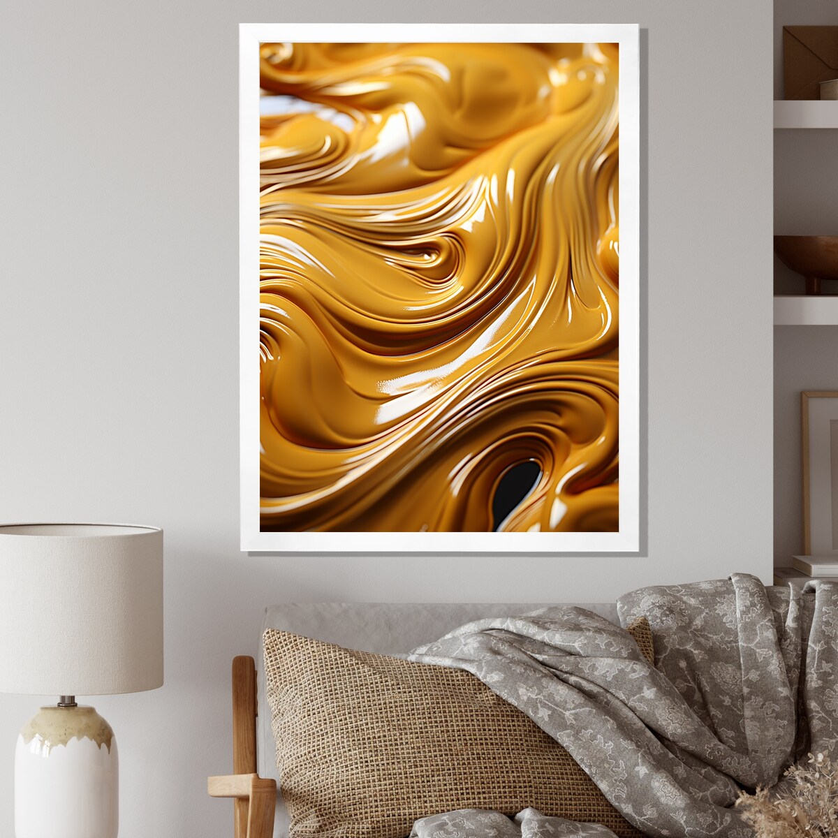 Designart "Golden Wave Ocean Of Abundance Liquid Gold" Abstract Spirals Framed Wall Art Prints