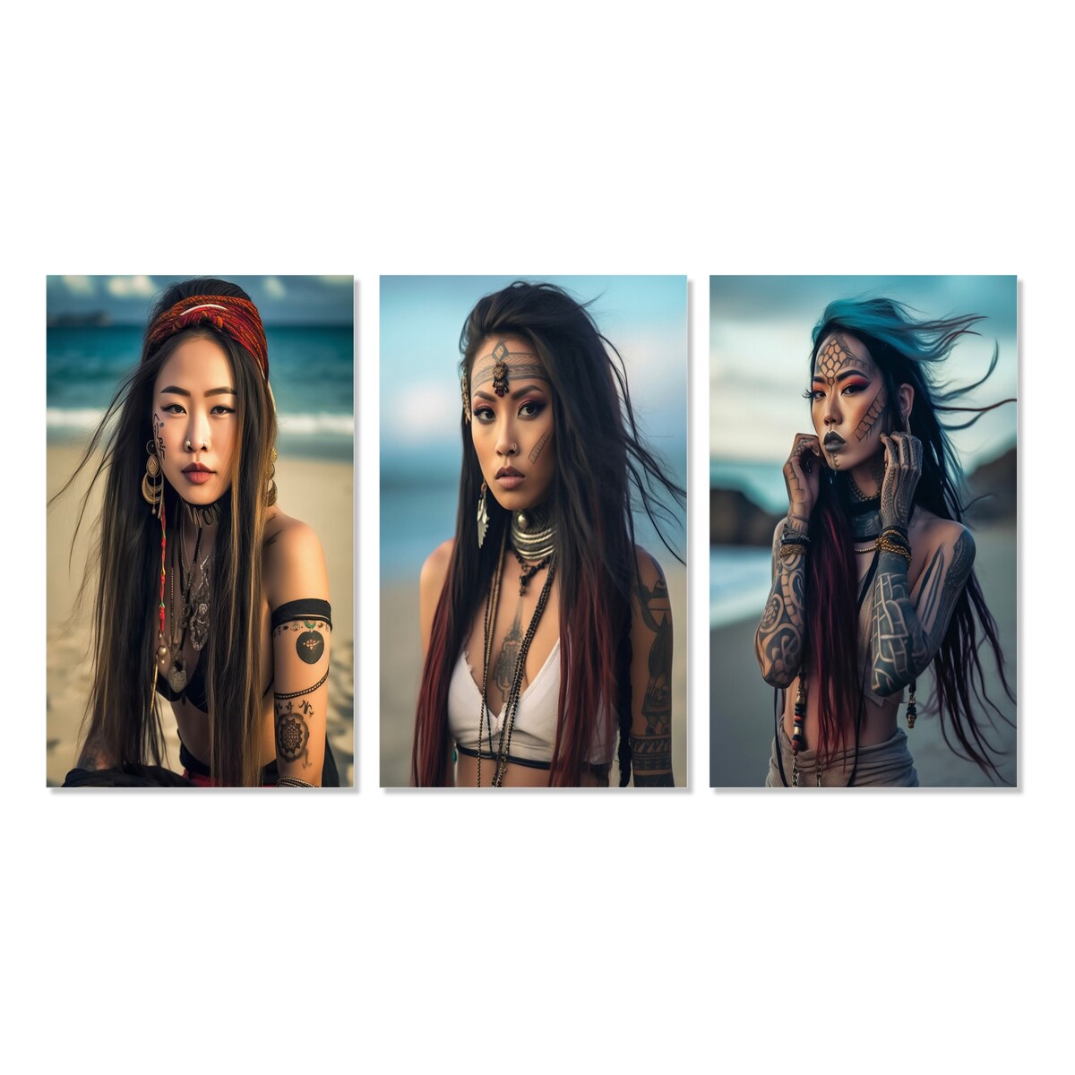 Designart "Gracious Asian Tribal Beach Girl III" Asian Woman Wall Art Set Of 3 - Glam Gallery Wall Set For Home Decor