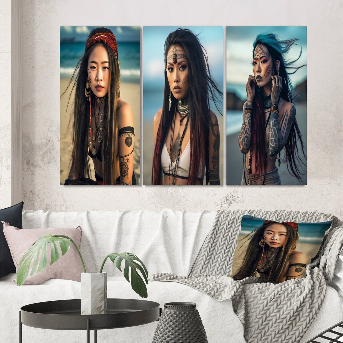 Designart "Gracious Asian Tribal Beach Girl III" Asian Woman Wall Art Set Of 3 - Glam Gallery Wall Set For Home Decor