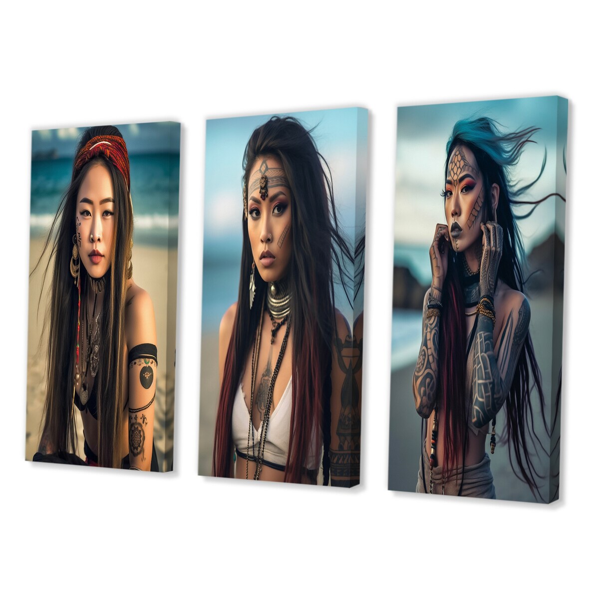 Designart "Gracious Asian Tribal Beach Girl III" Asian Woman Wall Art Set Of 3 - Glam Gallery Wall Set For Home Decor
