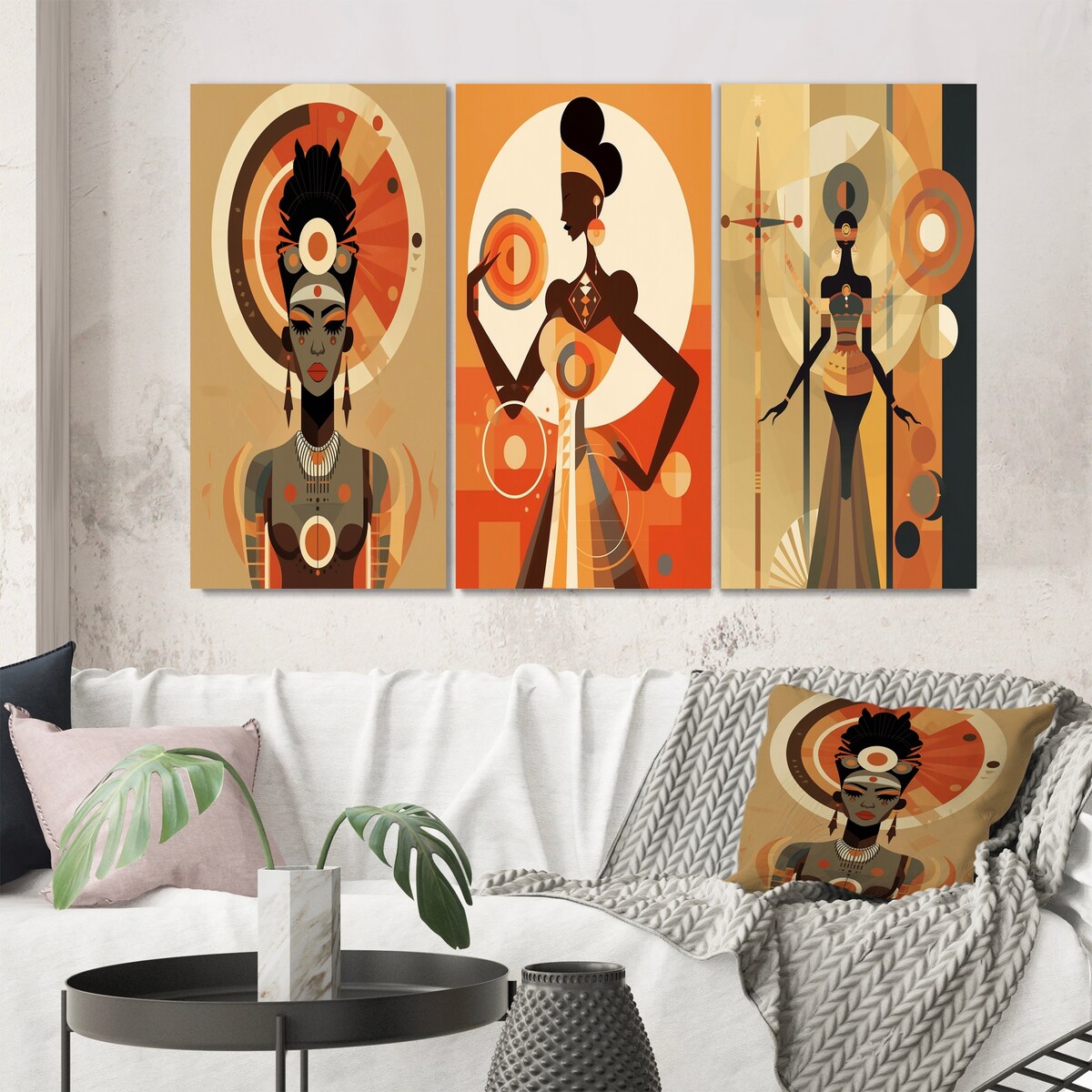Designart "Graphic Retro African Goddess In Earth Tones I" African American Woman Gallery Wall Set OF 3 For Home Decor