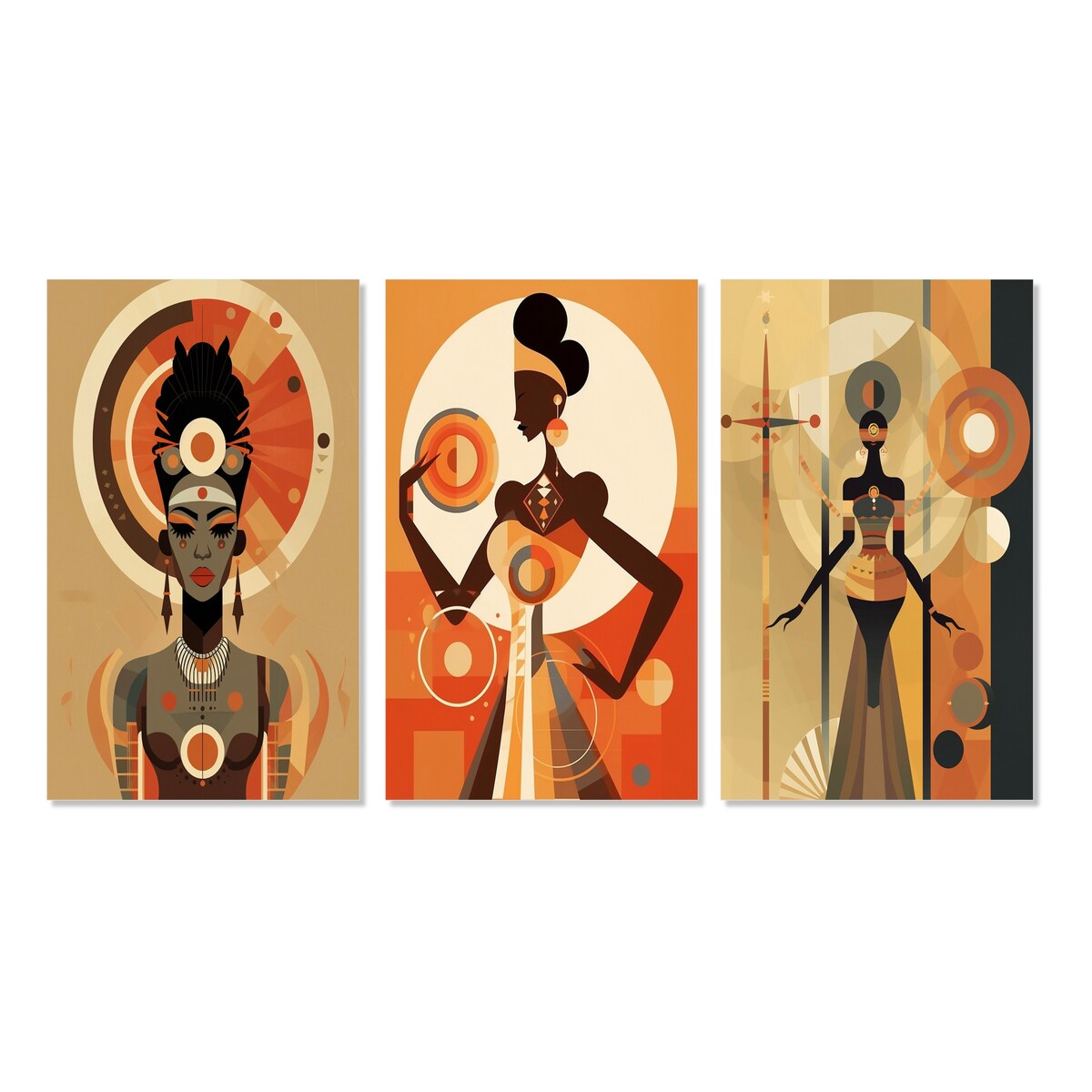 Designart "Graphic Retro African Goddess In Earth Tones I" African American Woman Gallery Wall Set OF 3 For Home Decor