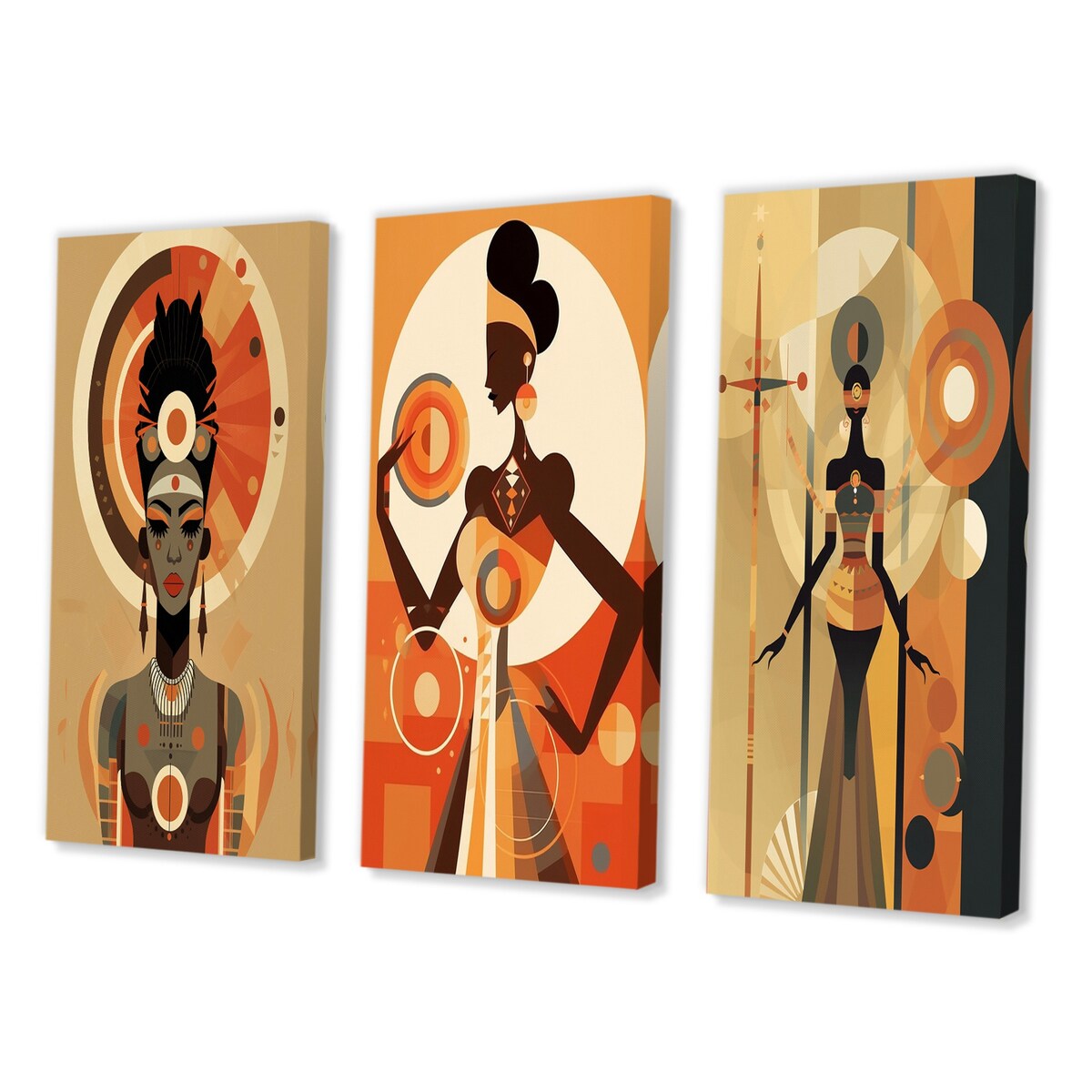 Designart "Graphic Retro African Goddess In Earth Tones I" African American Woman Gallery Wall Set OF 3 For Home Decor