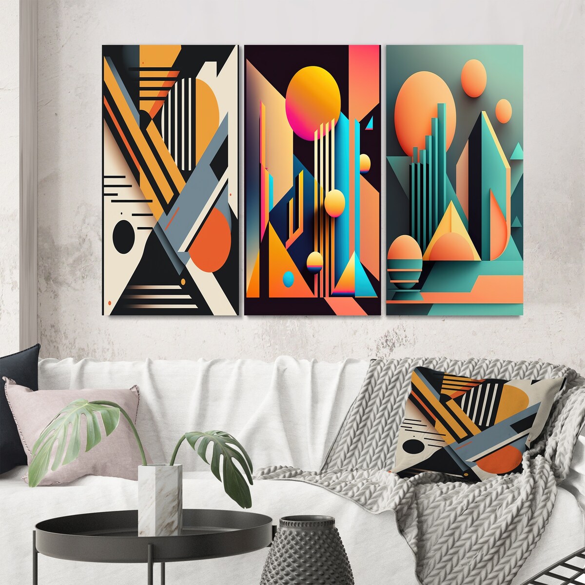 Designart "Graphic Retro Compositions I" Modern Geometric Wall Art Set Of 3 - Modern Printed Art Set For Bedroom