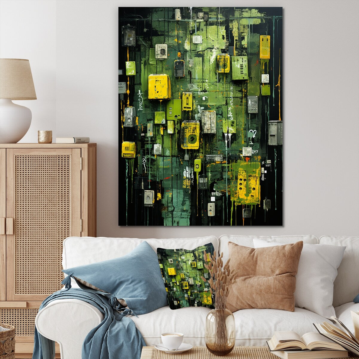 Designart "Green Abstract Maya Shapes Mask III" Abstract Modern Shapes Yellow Modern Canvas Art For Hallway Décor